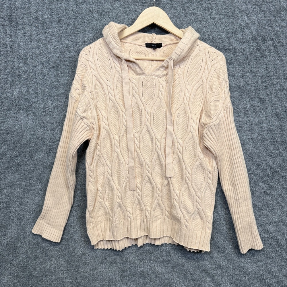 Fate Size Medium Hoodie Sweater Beige Cable Knit Nylon Blend Fisherman Chunky